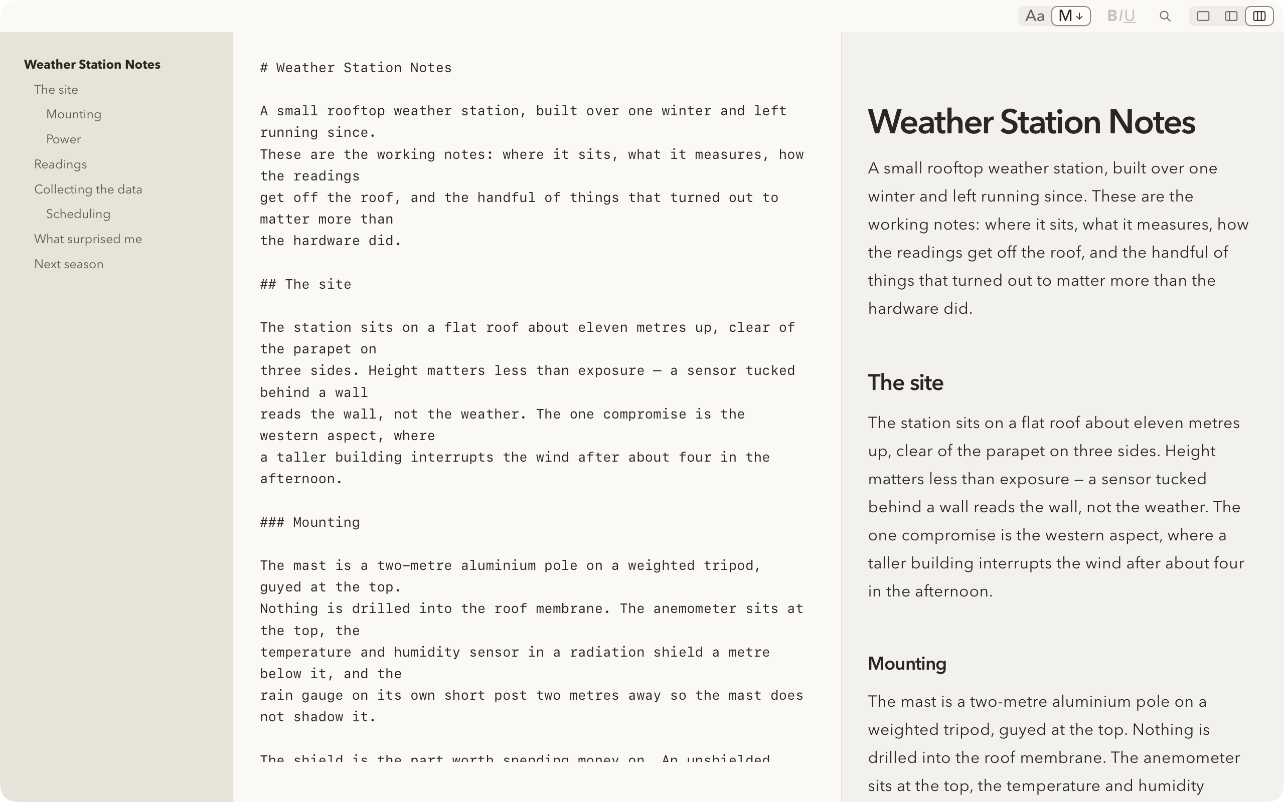 Simple .md with the Editor showing markdown and the Viewer beside it showing the finished document