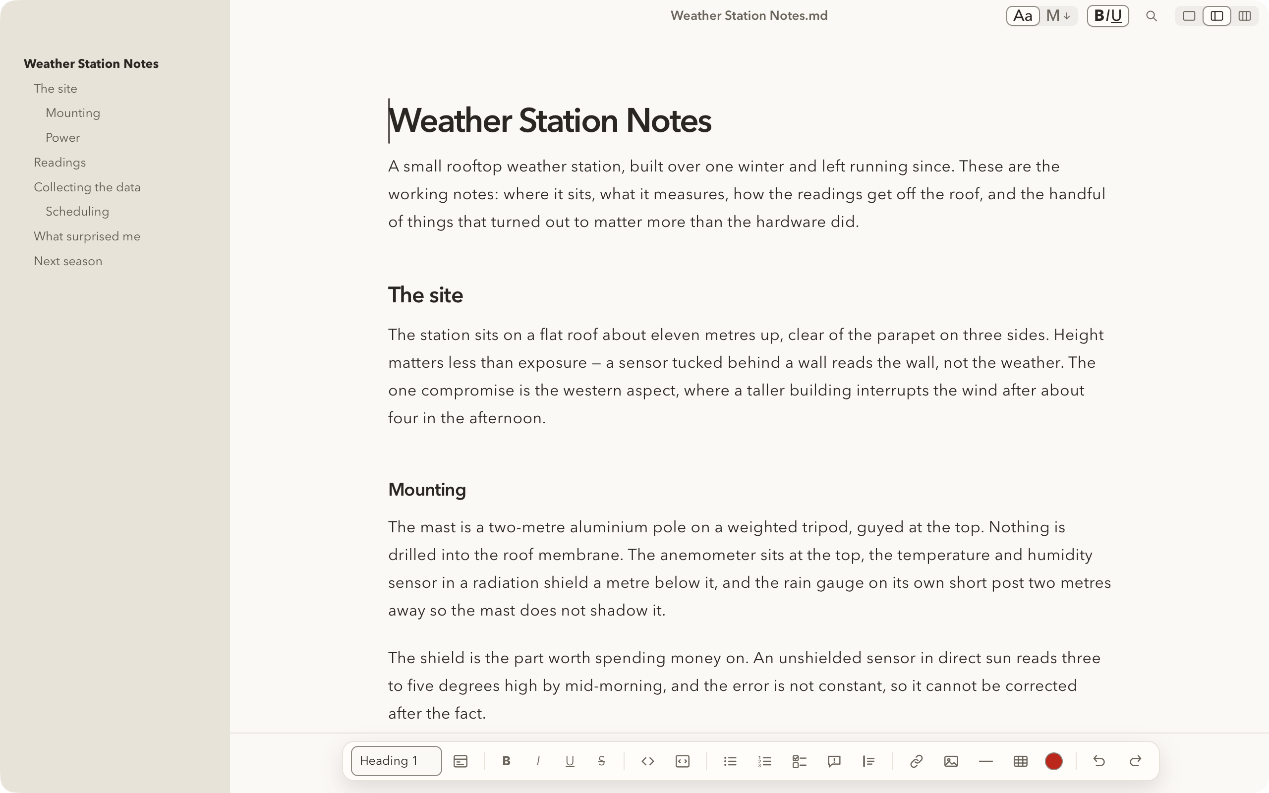 Simple .md showing a document with its headings listed in a sidebar, its name and view controls in a title bar along the top, and a formatting bar along the bottom of the window
