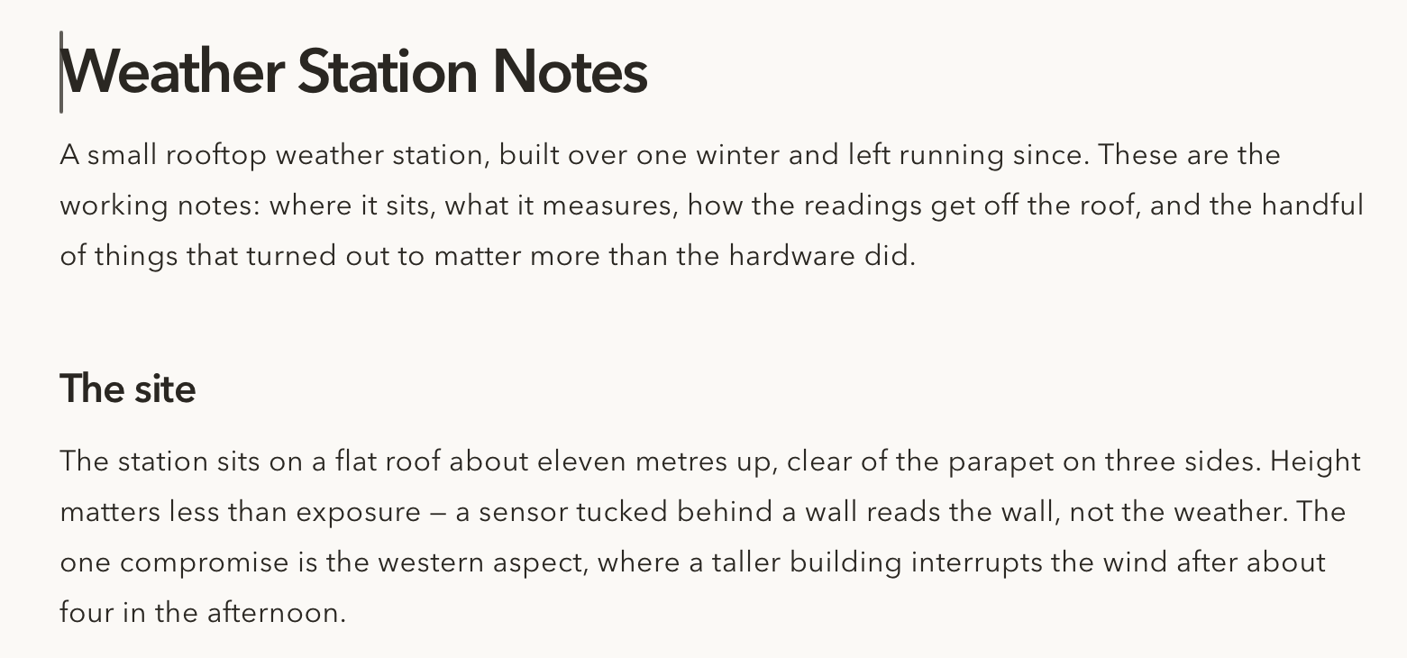 The start of Weather Station Notes as Simple .md shows it: the title, the opening paragraph, and the section The site