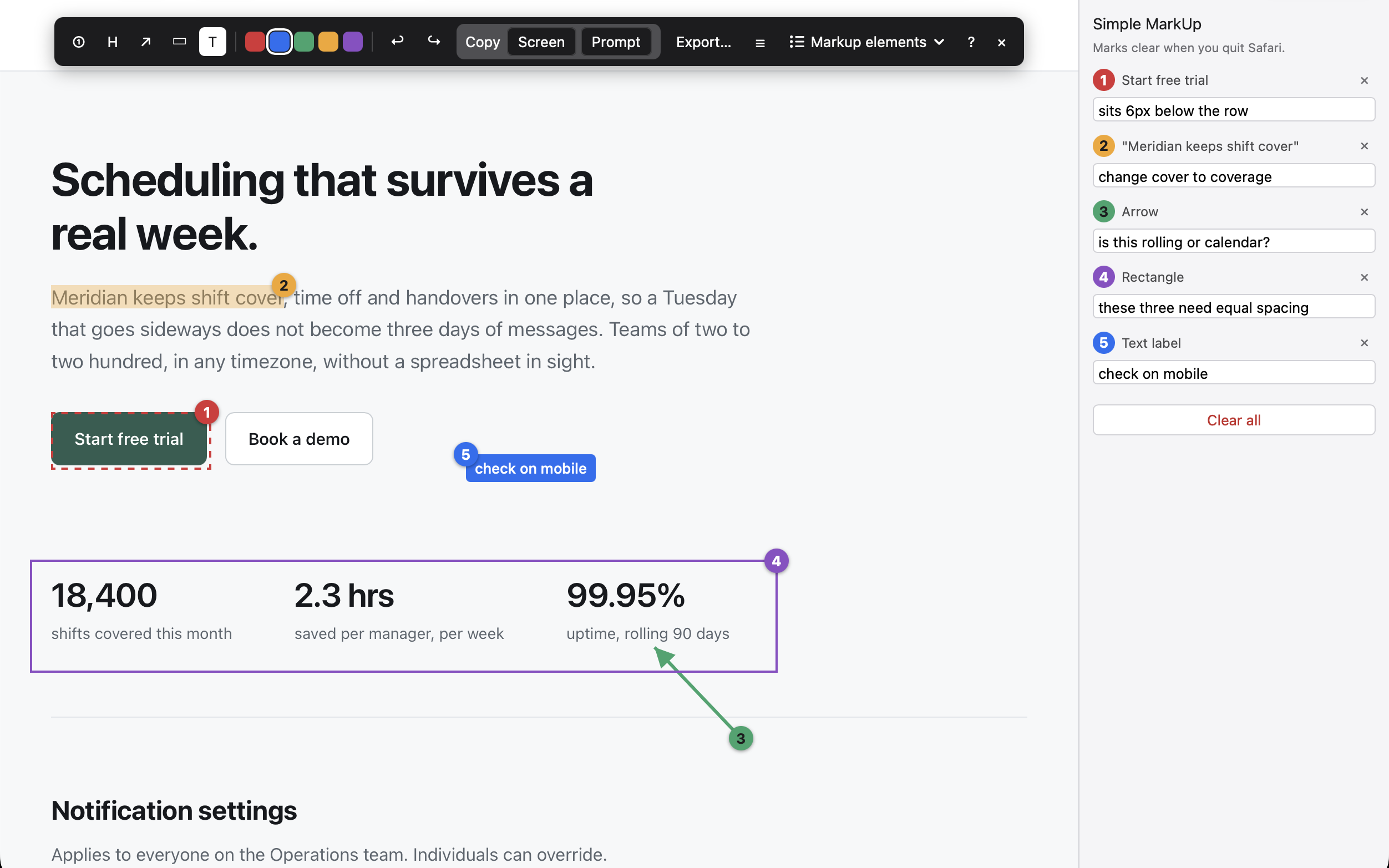 The Simple MarkUp toolbar with all five tools, and one mark of each kind placed on the page behind it