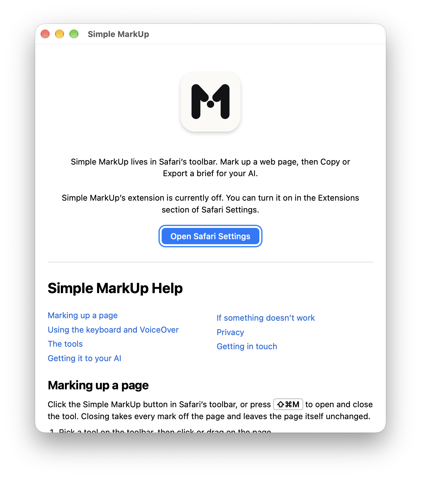 The Simple MarkUp app window on first launch: a note that the extension is off, an Open Safari Settings button, and Simple MarkUp Help with its list of sections