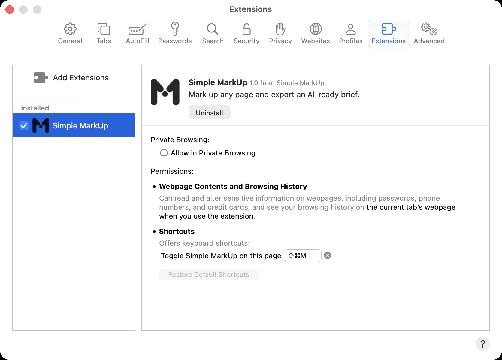 Safari's Extensions settings with Simple MarkUp ticked in the list