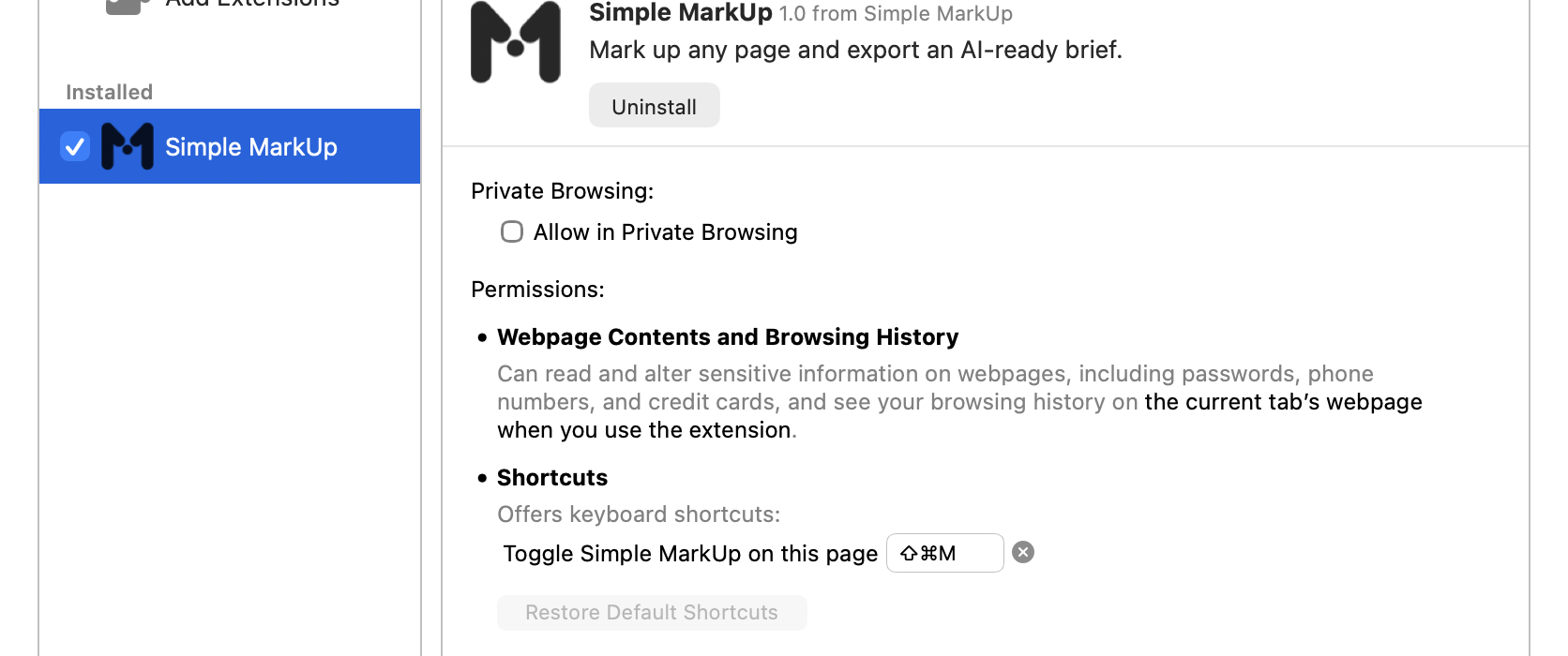 Safari's Extensions settings showing Simple MarkUp's permission line and its Shift-Command-M shortcut