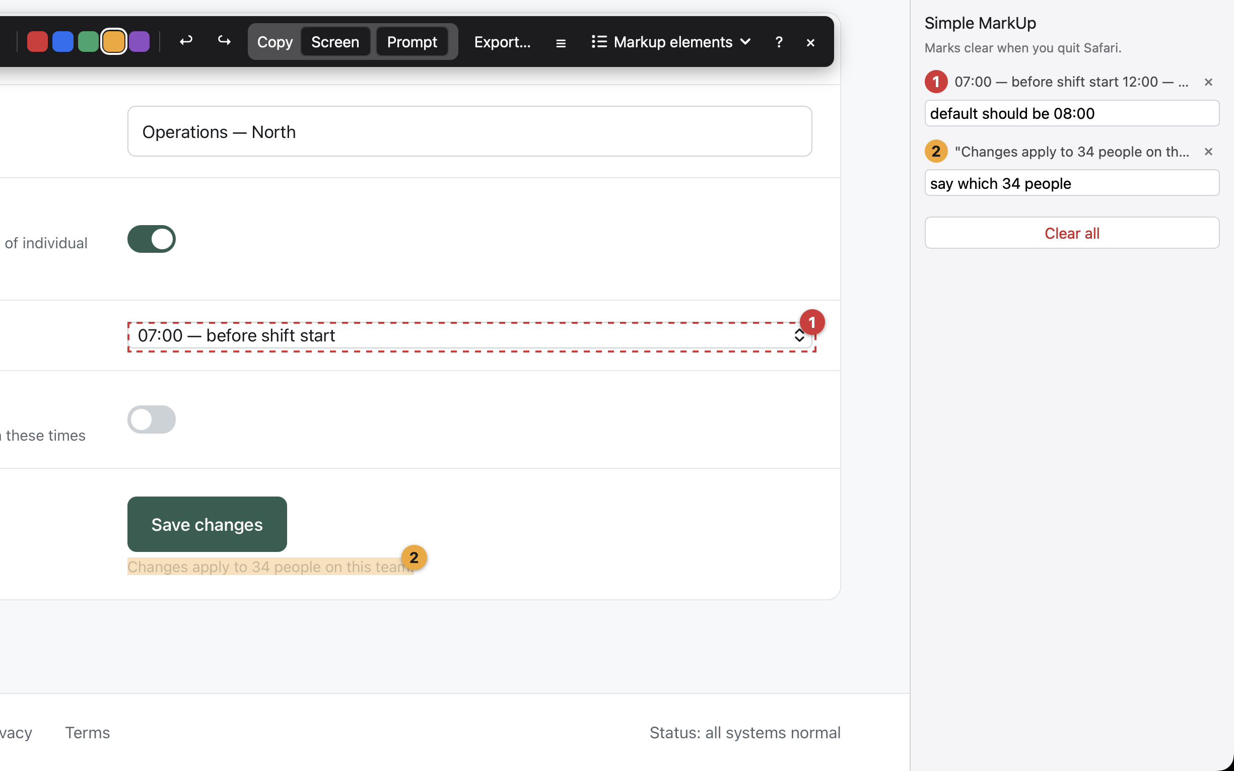 A web page form with a numbered callout on one of its controls and a highlight across a line of text, the Simple MarkUp toolbar above it and the notes panel beside it, listing what each numbered mark says