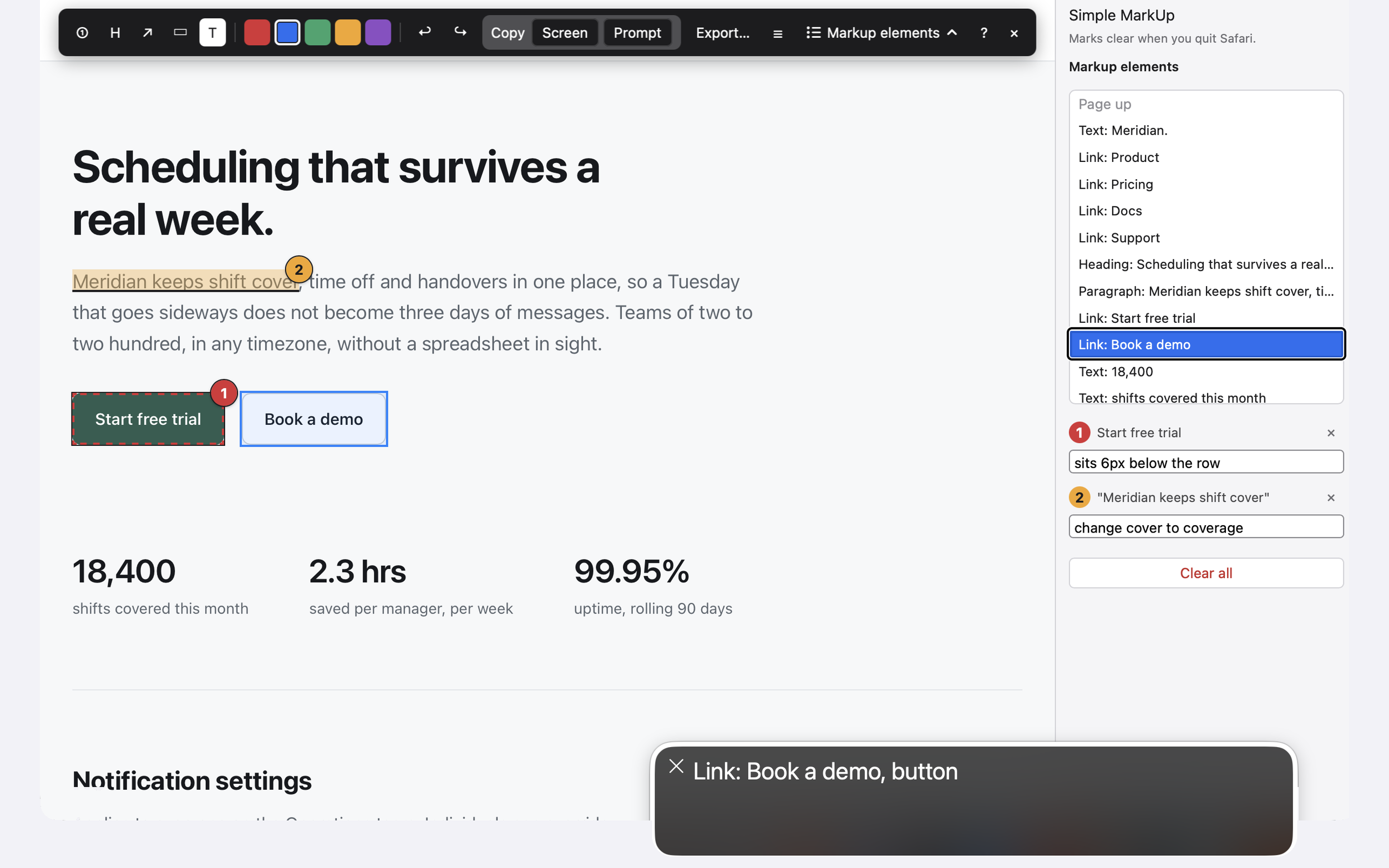 Simple MarkUp with VoiceOver on: the Markup elements list is open with VoiceOver's cursor on Link: Book a demo, the same button is outlined on the page, and VoiceOver's caption reads 'Link: Book a demo, button'