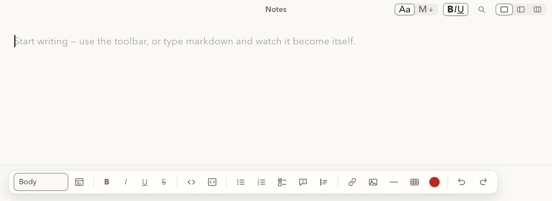 A heading, a bold phrase and a bulleted list being made in Simple .md's finished document, first by typing markdown and then by pressing the buttons