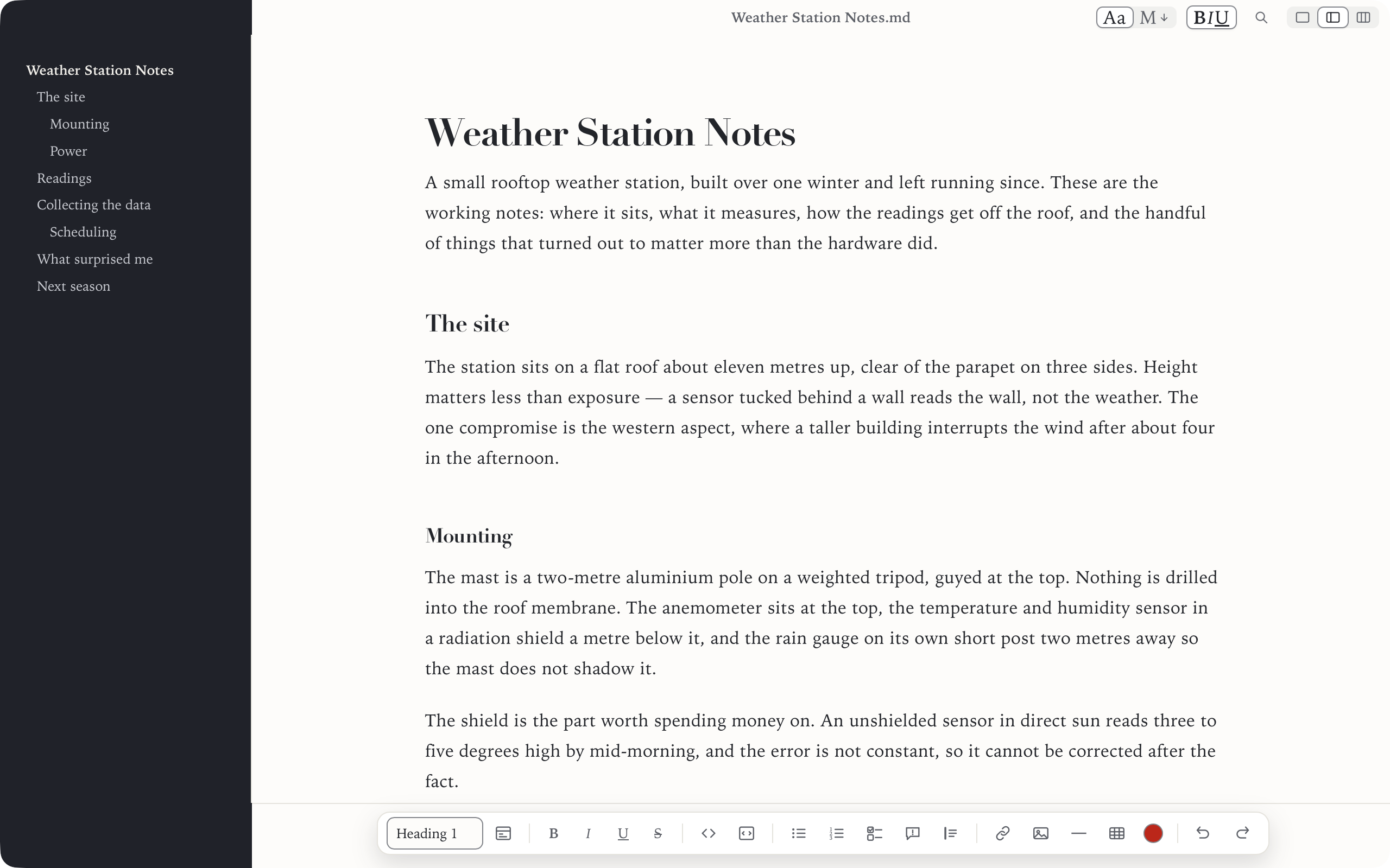 The same document in Simple .md&rsquo;s Editorial theme: a serif typeface on a pale page, with the headings listed in a darker sidebar